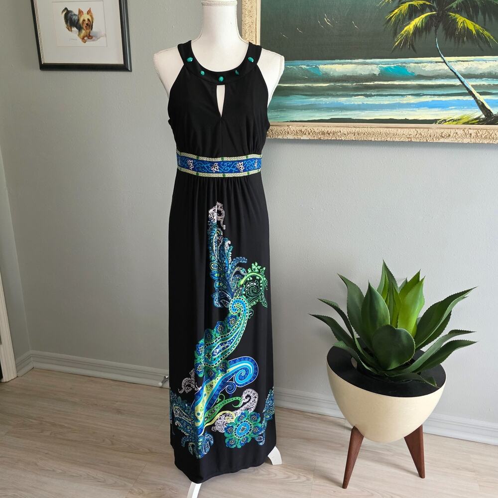 STUDIO I PETITE SLEEVELESS BLACK MULTI COLOR PAISLEY BEADED NECK DRESS 14P BEACH